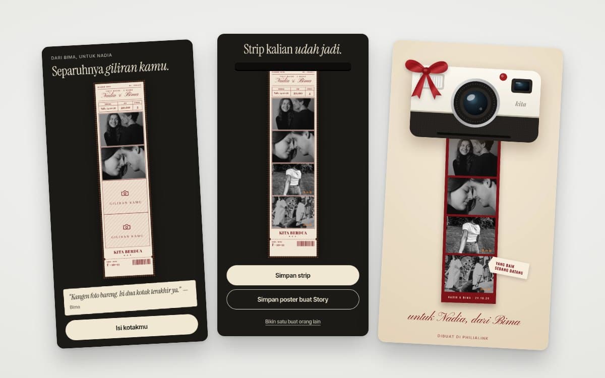 Tiga layar contoh Photobooth: strip setengah jadi, kamera booth, dan strip yang udah jadi