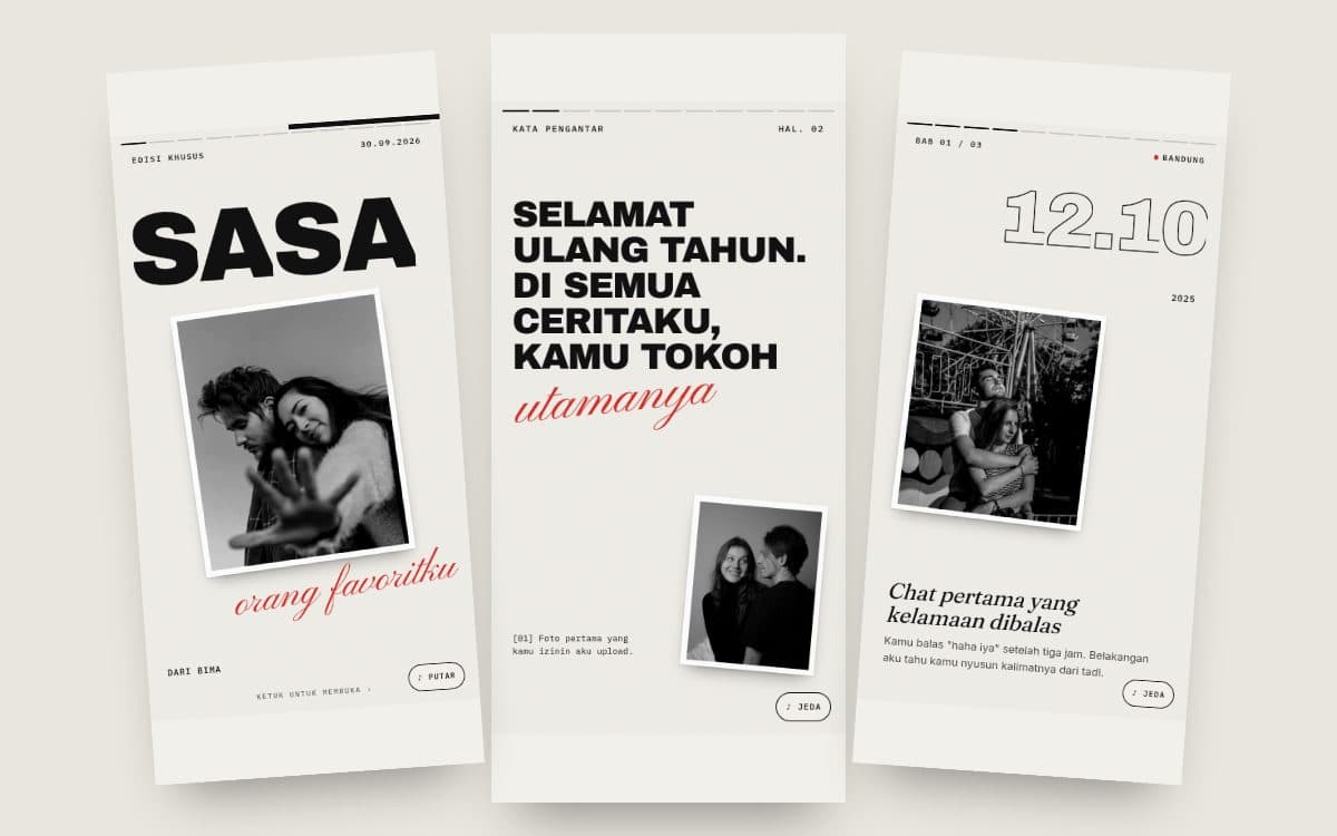 Tiga poster contoh Spotlight: sampul dengan nama, kata pengantar, dan satu momen