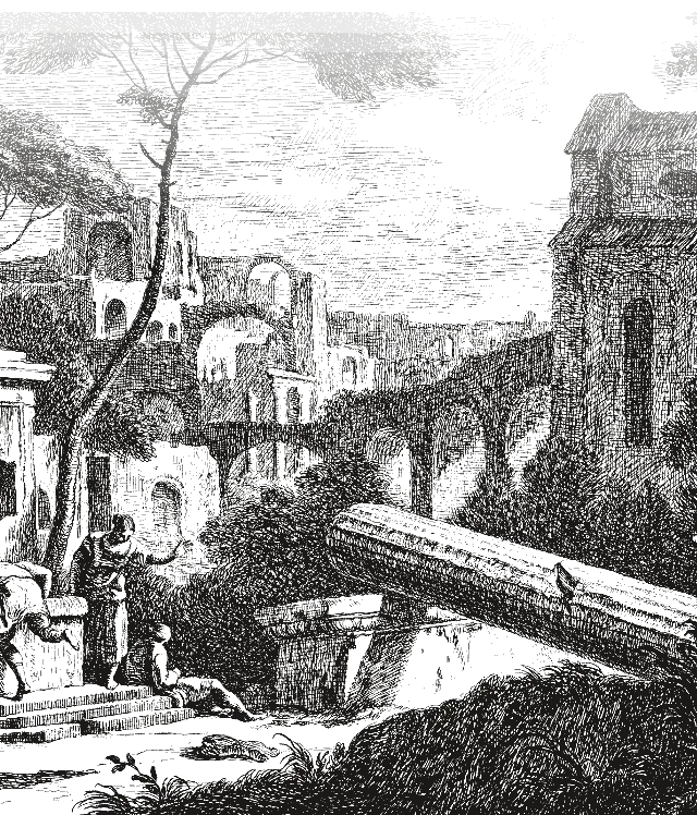 An engraving of old town ruins with a fountain and a fallen column