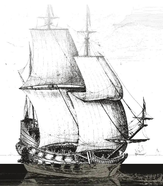 Dutch merchant ships under sail, an etching from 1647